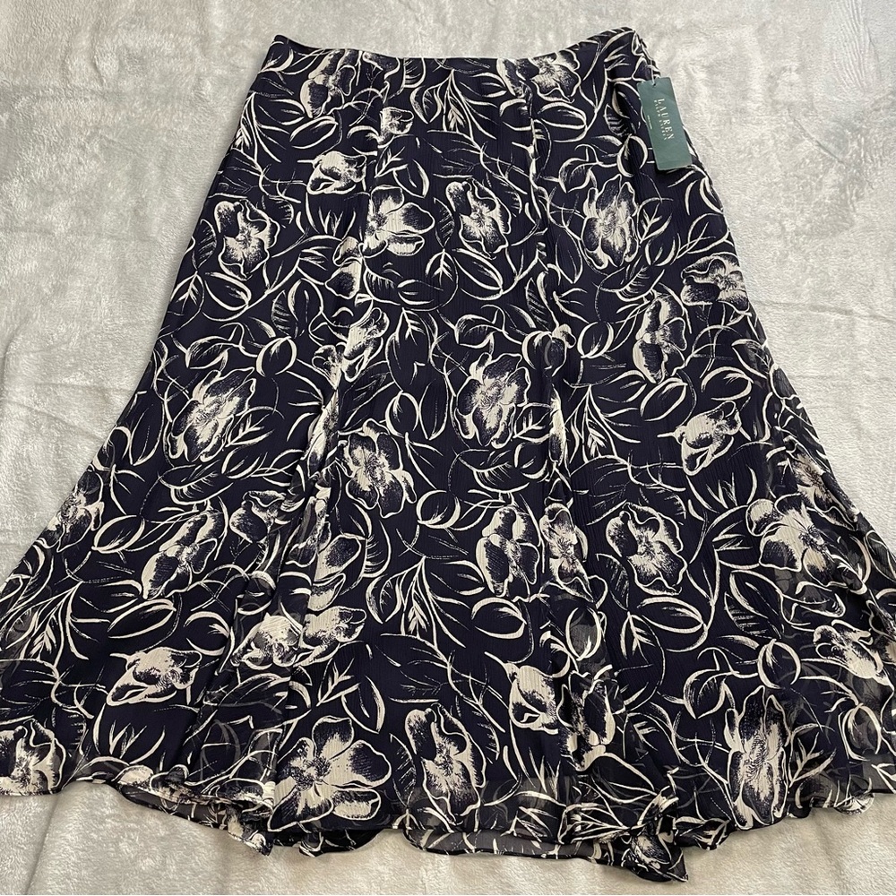 Lauren Ralph Lauren Skirt 14 Womens NWT 100% Silk Riviera Navy Floral Lined Vtg